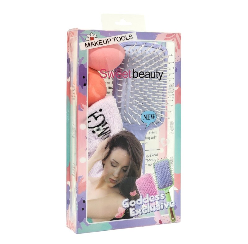 KIT DE CUIDADO FACIAL Y DE CABELLO, CEPILLO DESENREDANTE, ESPONJA MAQUILLAJE, VINCHA ELASTICA, 4 COLORES SWEET BEAUTY