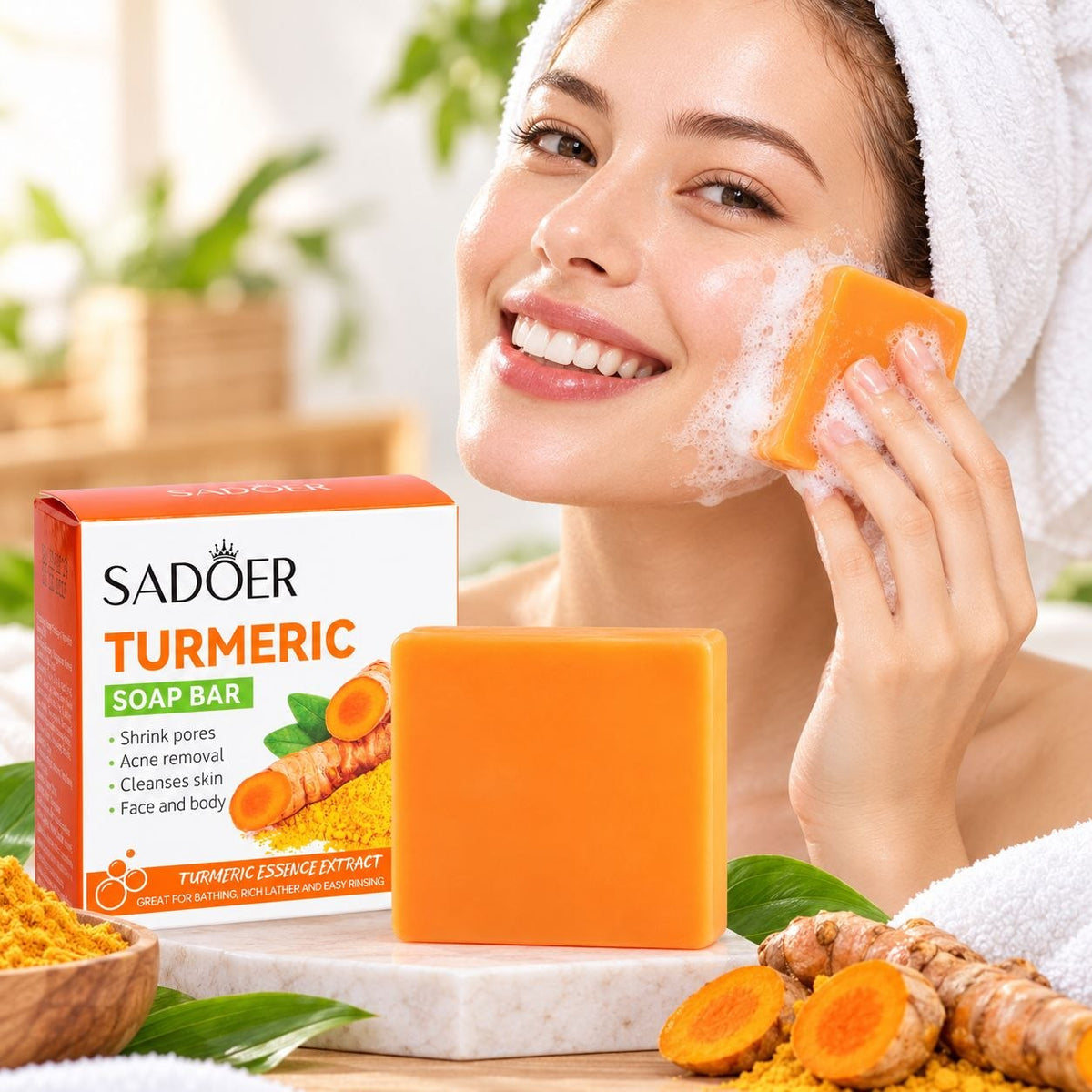 JABON EN BARRA FACIAL Y CORPORAL PARA LIMPIEZA PROFUNDA ANTI ACNE PURIFICANTE DE CURCUMA SADOER 100G