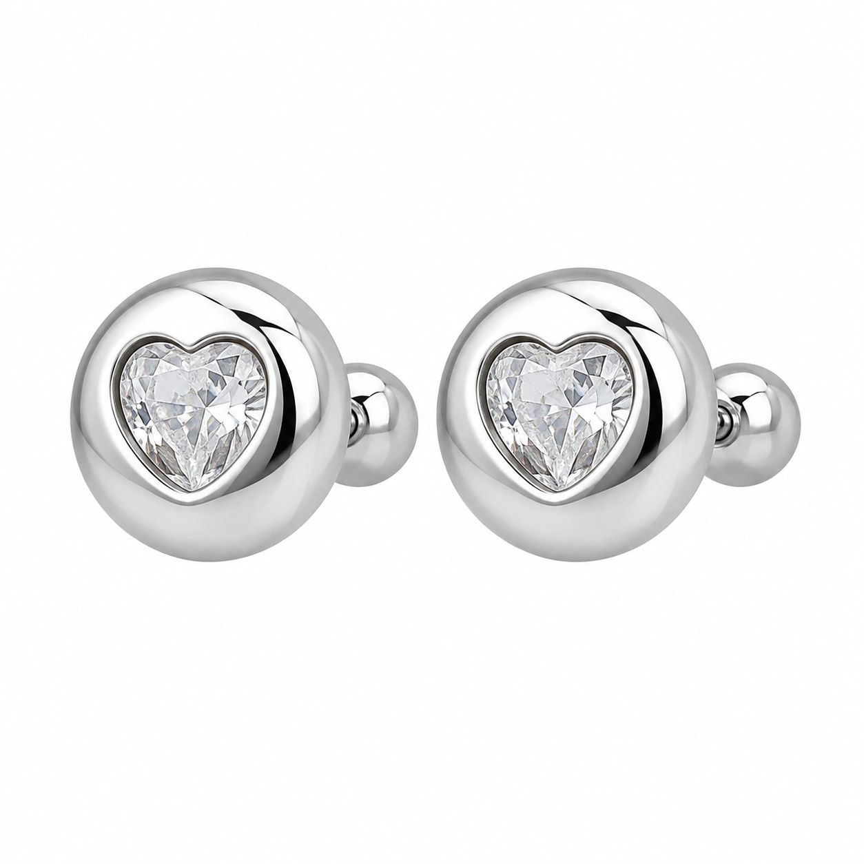 ARITOS DE ENCHAPE PARA DAMA CON ESFERA ABOMBADA Y CRISTAL CORAZON