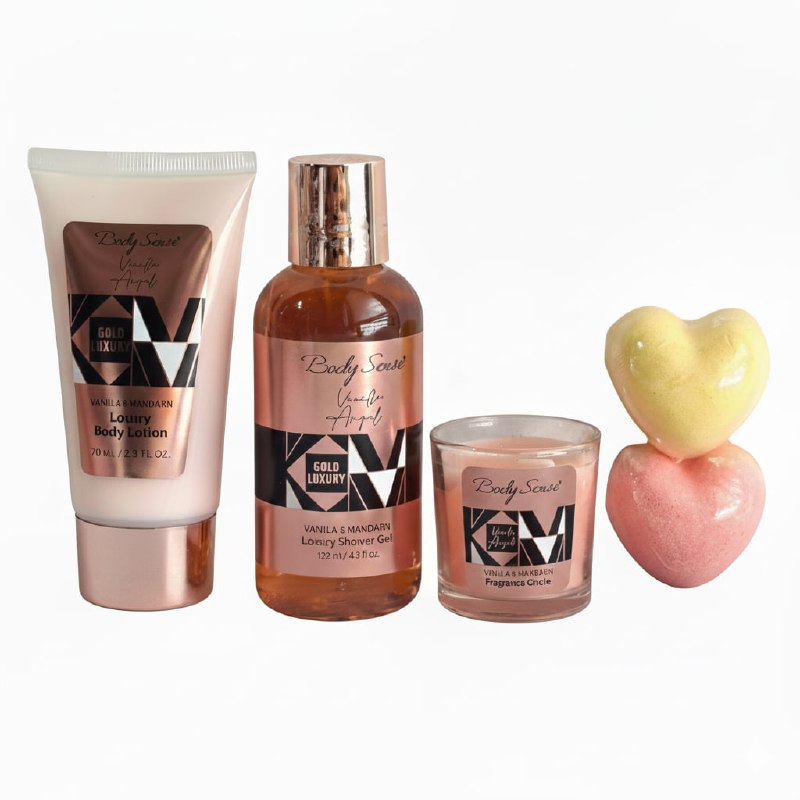 SET DE CUIDADO CORPORAL DE BAÑO DE VAINILLA Y MANDARINA, GEL DE DUCHA 125ML, CREMA CORPORAL 70ML, BOMBAS DE BAÑO 2, CANDELA AROMATICA BODY SENSE