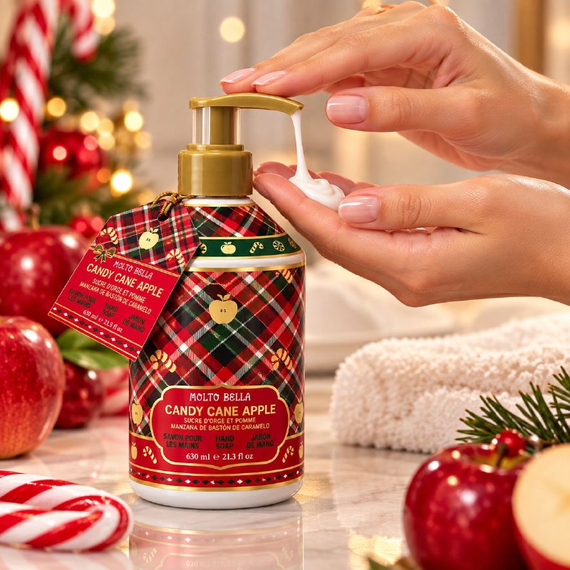 JABON LIQUIDO DE MANOS CON DISEÑO NAVIDEÑO AROMA A MANZANA DE BASTON DE CARAMELOS MOLTO BELLA 630ML