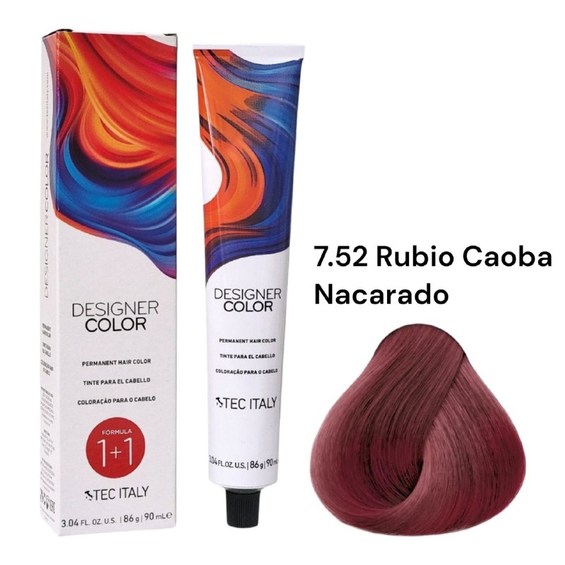 TINTE PERMANENTE PARA EL CABELLO EN CREMA RUBIO CAOBA NACARADO 7.52 1+1 TEC ITALY 90ML