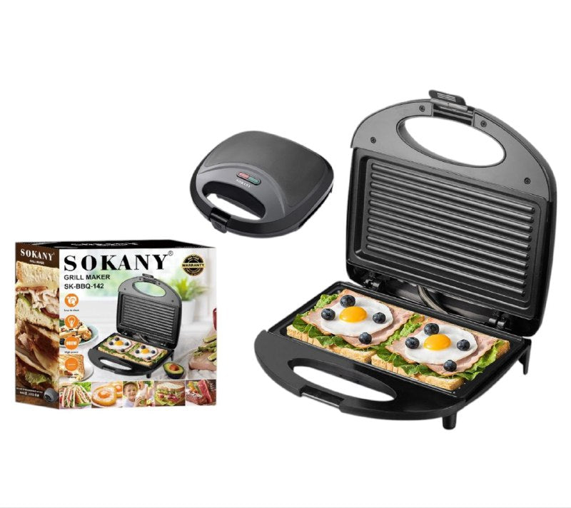 MAQUINA PARRILLA ELECTRICA SK-BBQ-142, RECUBRIMIENTO ANTIADHERENTE DE PLASTICO RESISTENTE AL CALOR, INDICADOR DE ENCENDIDO, 800W FUERZA, CALEFACCION DE DOBLE CARA SOKANY