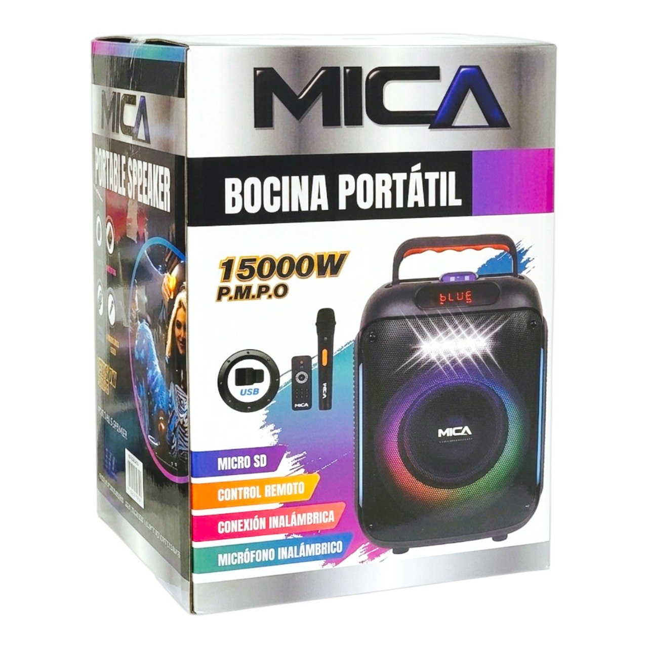 BOCINA INALAMBRICA PORTATIL CON LUCES LED CON MICROFONO Y CONTROL REMOTO MICA 22X33CM
