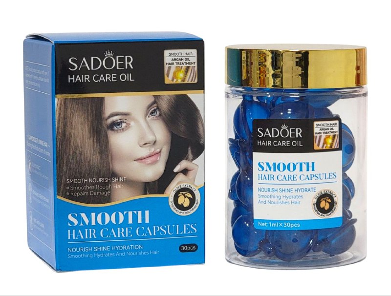 AMPOLLAS  PARA EL CABELLO EN CAPSULAS LISO DE ACEITE DE ARGAN Y OLIVA DA BRILLO, SUAVIZA, HIDRATA Y NUTRE EL CABELLO, NO ACEITOSO, FACIL DE ABSORBER, PENETRA EL NUCLEO DEL CABELLO SADOER HAIR CARE OIL SMOOTH 1MLX30