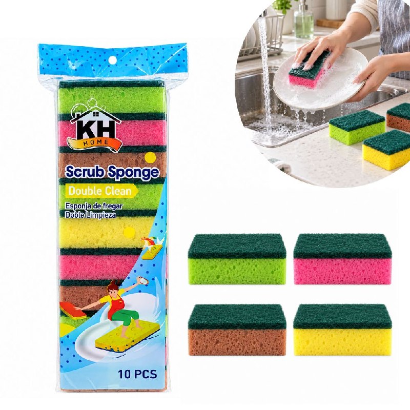 SET DE 10 ESPONJAS DE FREGAR CON FIBRA ABRASIVA QUITA GRASA KH HOME