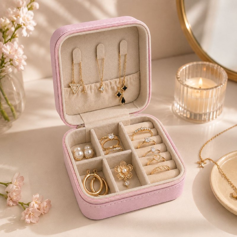 ORGANIZADOR MINI JOYERO DE VARIOS COMPARTIMIENTOS DE TAMAÑO COMPACTO 10.2X10.2CM