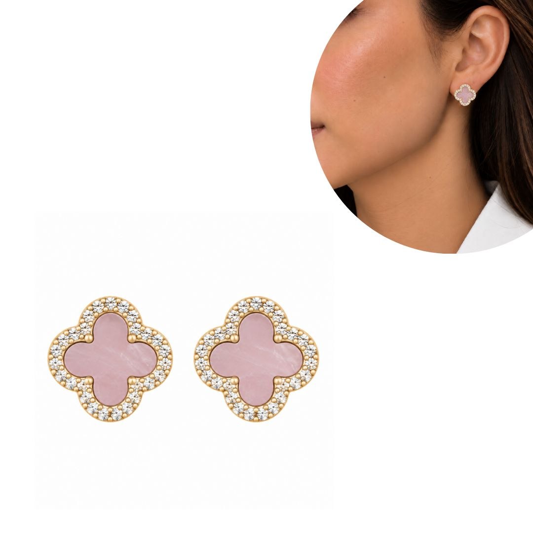 ARITOS DE ENCHAPE CON DISEÑO DE TRÉBOL ROSA CON CIRCONES 1.2CM