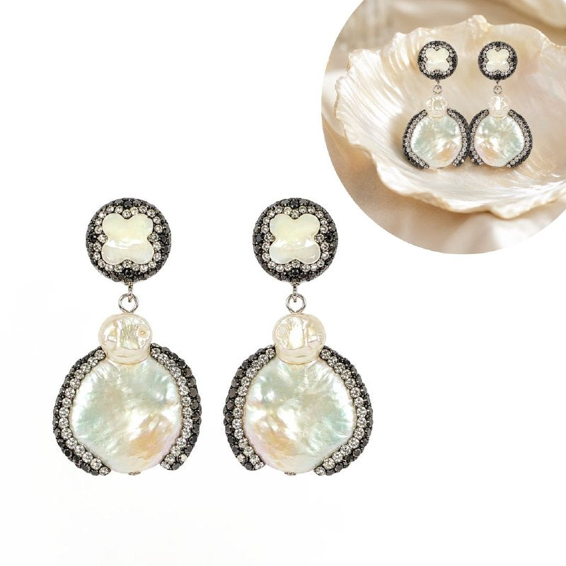 ARETES DE ENCHAPE EN RODIO NEGRO PARA DAMA CON PERLAS BARROCAS Y CIRCONES