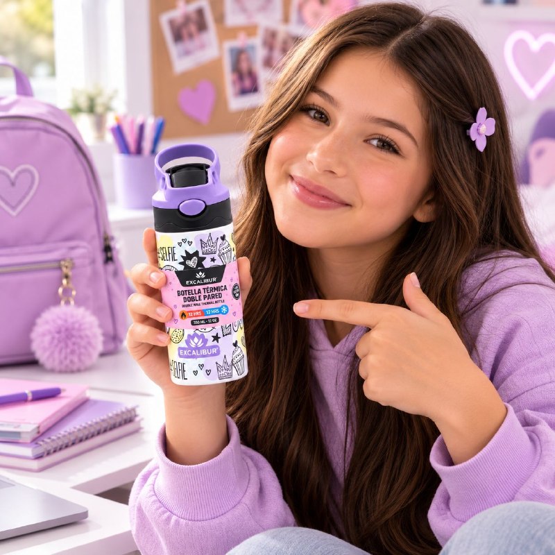 BOTELLA TERMICA DE DOBLE PARED CON ASA PARA NIÑAS 350ML