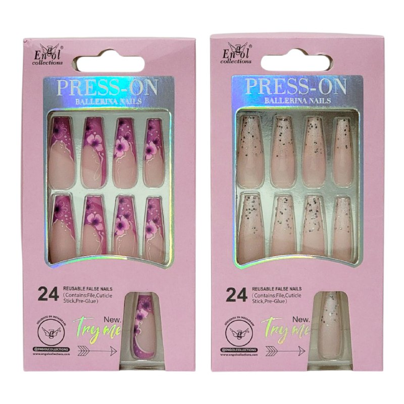SET DE 24 UÑAS POSTIZAS REUTILIZABLES, LIMA, PALILLO PARA CUTICULA Y PEGAMENTO ENGOL COLLECTIONS