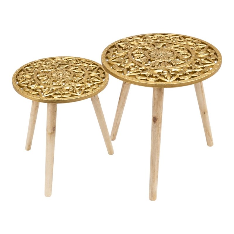 SET DE MESAS LATERALES ARTESANALES EN ACABADO BLANCO Y DORADO ENVEJECIDO MESAS AUXILIARES BOHEMIAS DE MADERA TALLADA  2 PIEZAS