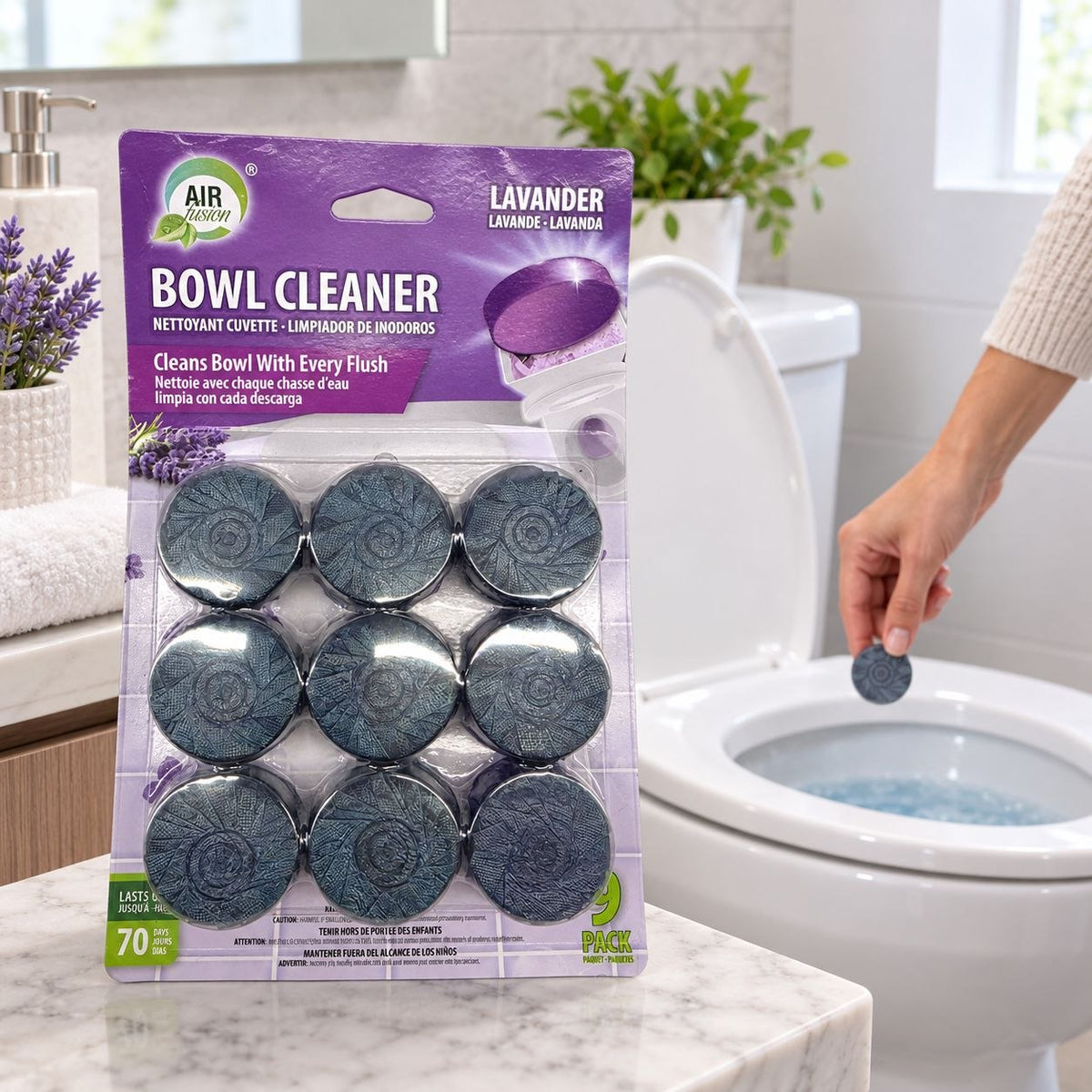 PASTILLAS LIMPIADORAS DE TANQUE PARA INODORO AROMA LAVANDA AIR FUSION 9 UNIDADES