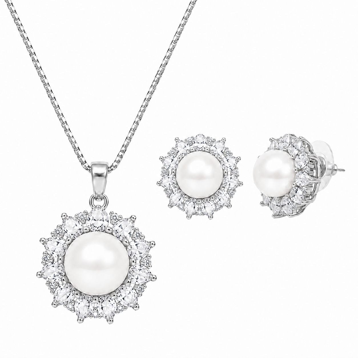 SET DE ENCHAPE PARA DAMA CON DISEÑO CIRCULAR ESTILO ROSETÓN DE PERLA Y CIRCONES CRISTALINOS