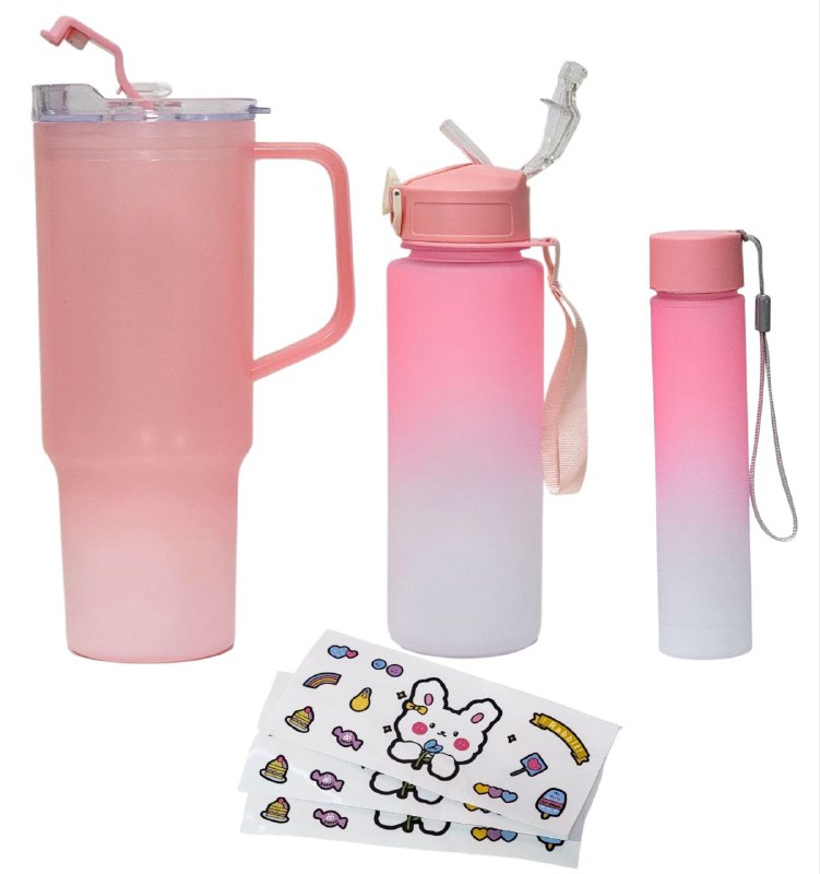 VASO TERMO PLASTICO CON ASA EN SET, 2 BOTES TERMOS MEDIANO Y PEQUEÑO, INCLUYE STICKERS, 3 COLORES
