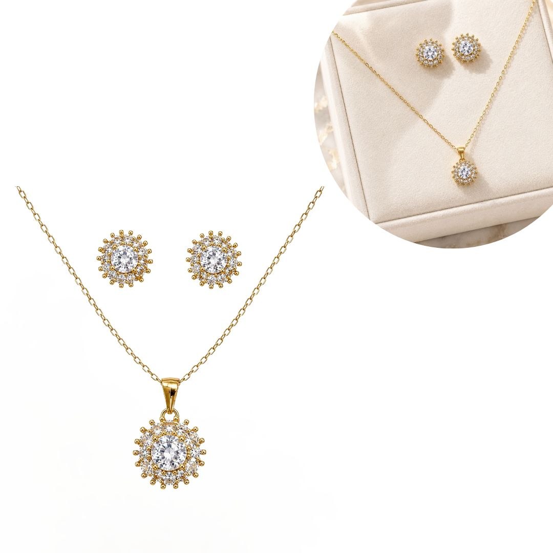 SET DE ENCHAPE PARA DAMA CADENA, DIJE Y TOPOS FLOR DE SOL CON HALO DE CIRCONES