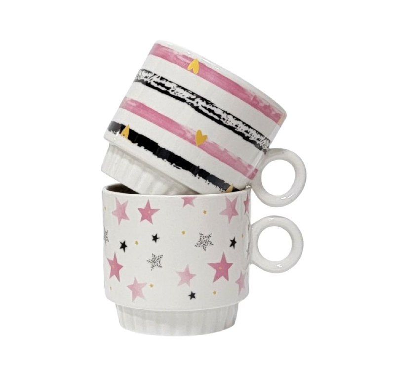 JUEGO DE 4 TAZAS DE CAFE APILABLES DE PORCELANA CON ESTANTE DE METAL COFFE CUP 4UND