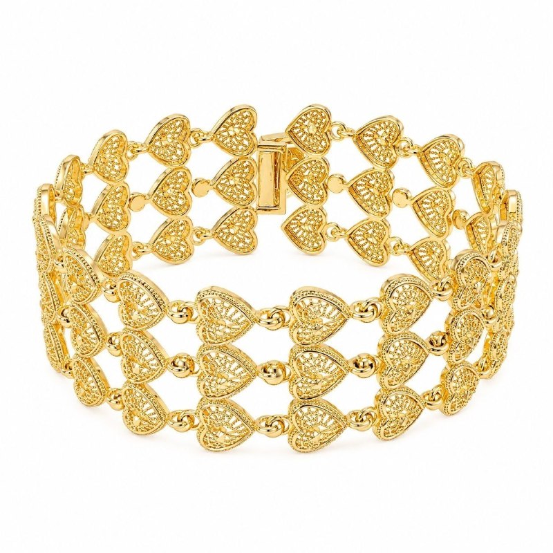 PULSERA DE ENCHAPE PARA DAMA CON DISEÑO ANCHO DE TRES HILERAS DE CORAZONES EN FILIGRANA