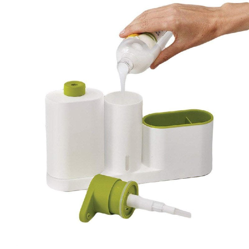 DISPENSADOR DE JABON LIQUIDO PARA COCINA O BAÑO CON ORGANIZADOR DE ESPONJAS Y CEPILLOS 9X16X27CM