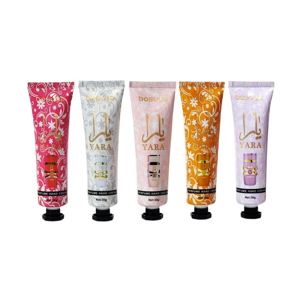 SET DE CREMAS PARA MANOS CON AROMAS DE PERFUMERIA ARABE 5PCS BOSUYA (AROMA SIMILAR A LATTAFA YARA)