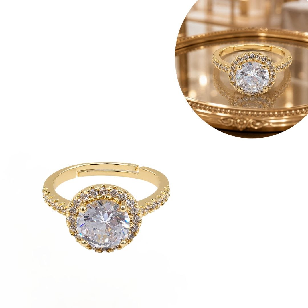 ANILLO DE ENCHAPE PARA DAMA CON DISEÑO ESTILO HALO REDONDO Y CIRCONES BRILLANTES