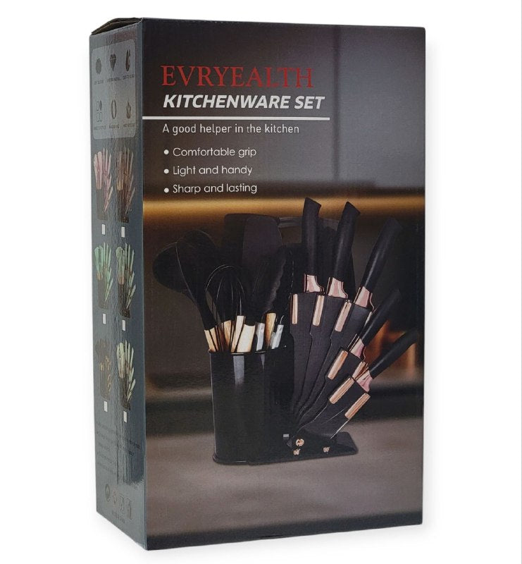 JUEGO DE CUCHILLOS DE COCINA CON UTENSILIOS Y TABLA DE PICAR COLOR GRIS EVRYEALTH 18PCS