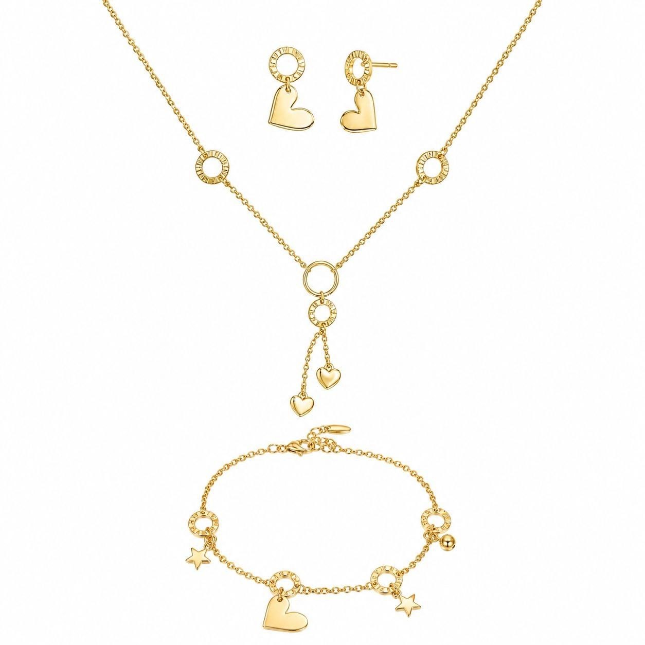 SET COMPLETO DE ENCHAPE PARA DAMA COLLAR ESTILO LARIAT, PULSERA Y ARETES CORAZÓN Y ESTRELLAS