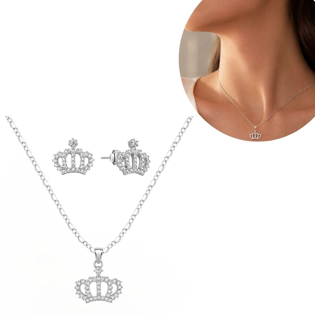 SET DE ENCHAPE PARA DAMA CADENA, DIJE Y TOPOS CORONA REAL CON CIRCONES