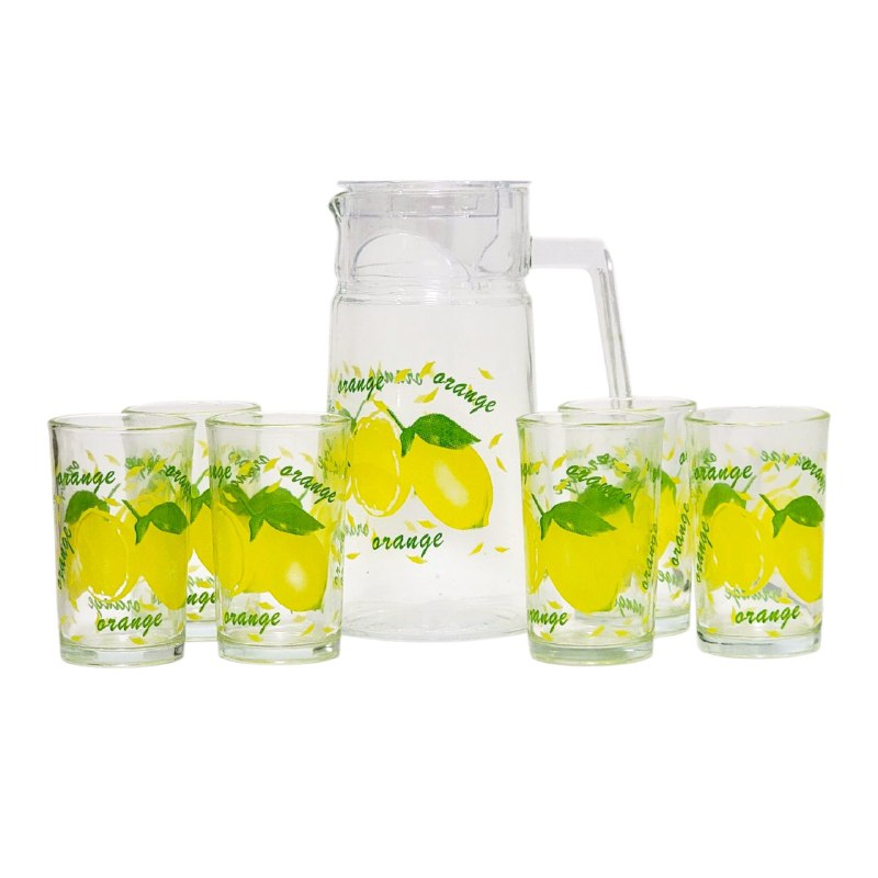 SET DE JARRA Y 7 VASOS CON DISEÑO FRUTAL AMARILLO DE VIDRIO BENELI HOME
