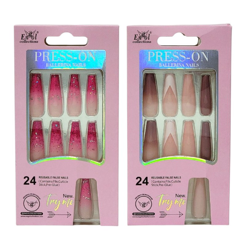 SET DE 24 UÑAS POSTIZAS REUTILIZABLES, LIMA, PALILLO PARA CUTICULA Y PEGAMENTO ENGOL COLLECTIONS