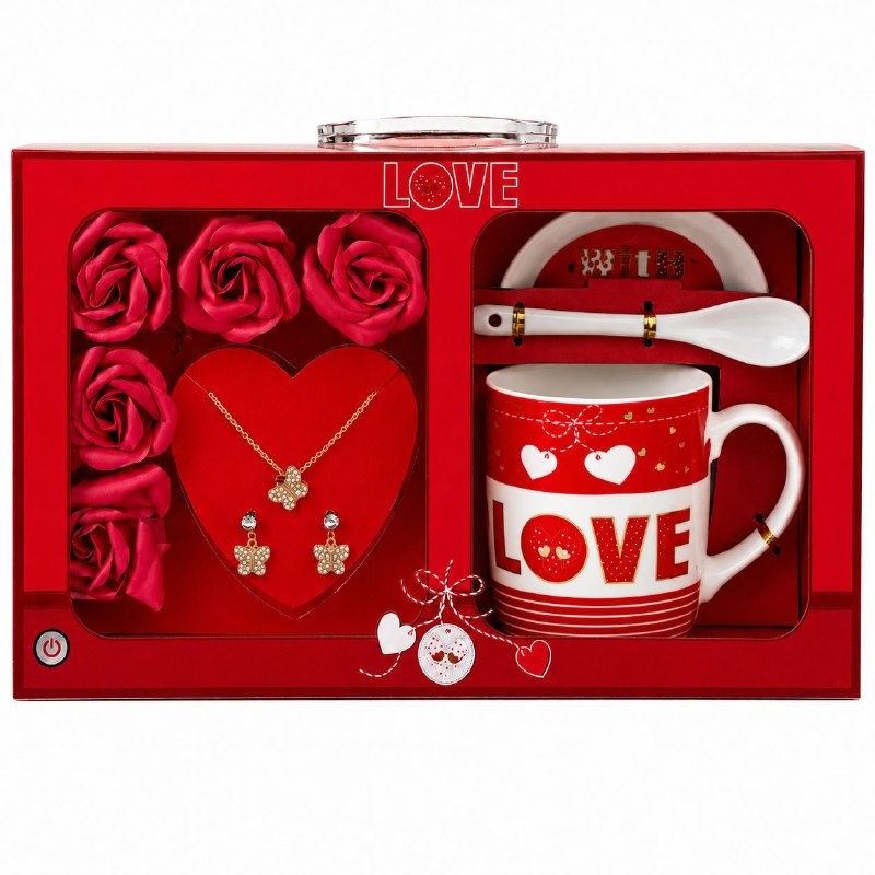 SET DE REGALO DE 9 PIEZAS LOVE (TAZA, PLATO, CUCHARA, SET DE JOYERÍA Y ROSAS) 1 UND
