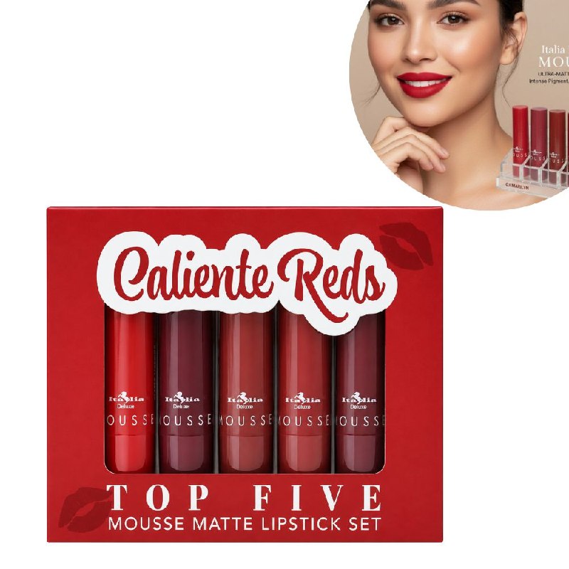 SET DE BRILLOS LABIALES MATTE ITALIA DELUX CALIENTE REDS TOP FIVE 3G