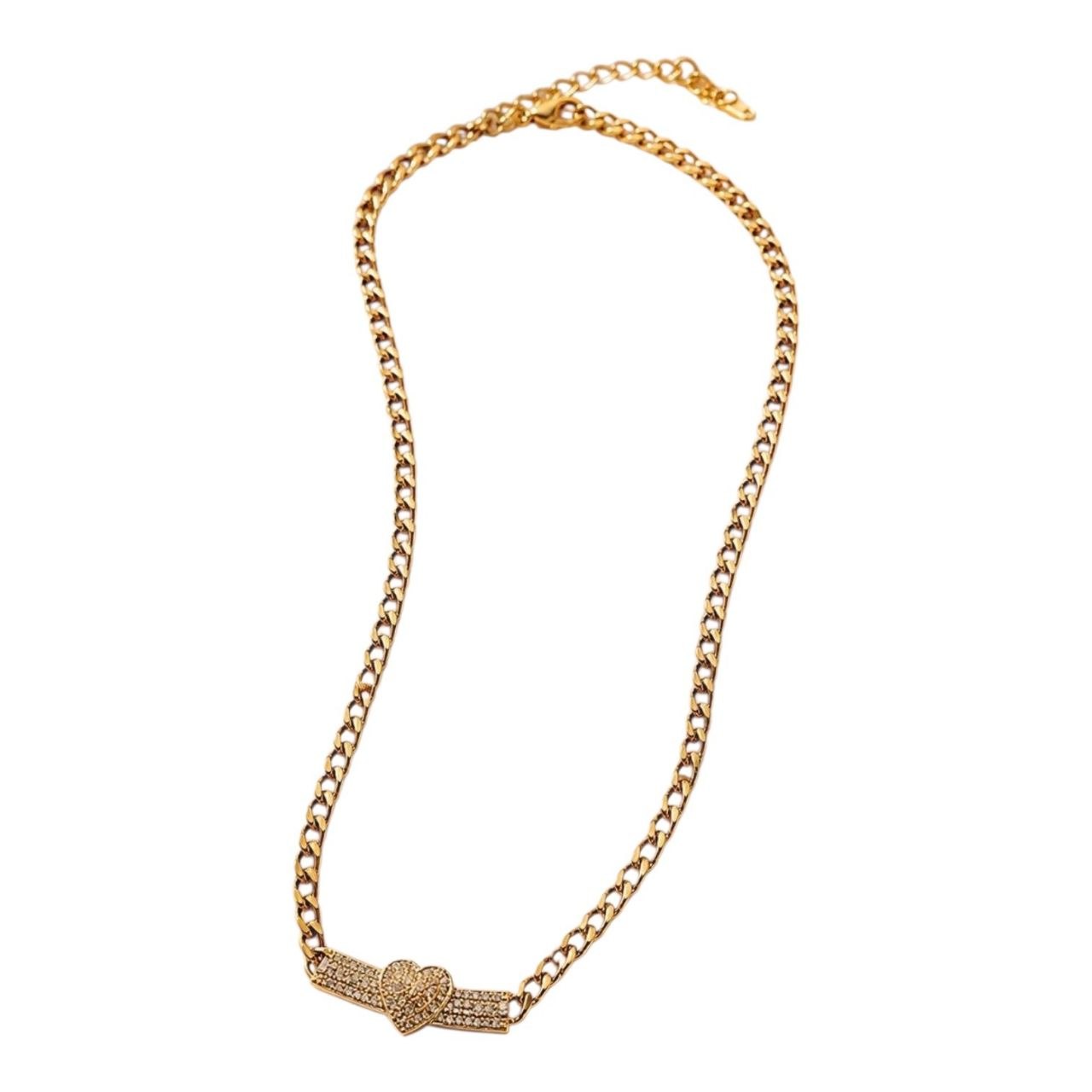 COLLAR DE ENCHAPE PARA DAMA CON CADENA GRUMET Y PLACAS CON CORAZÓN EN PAVÉ DE CIRCONES