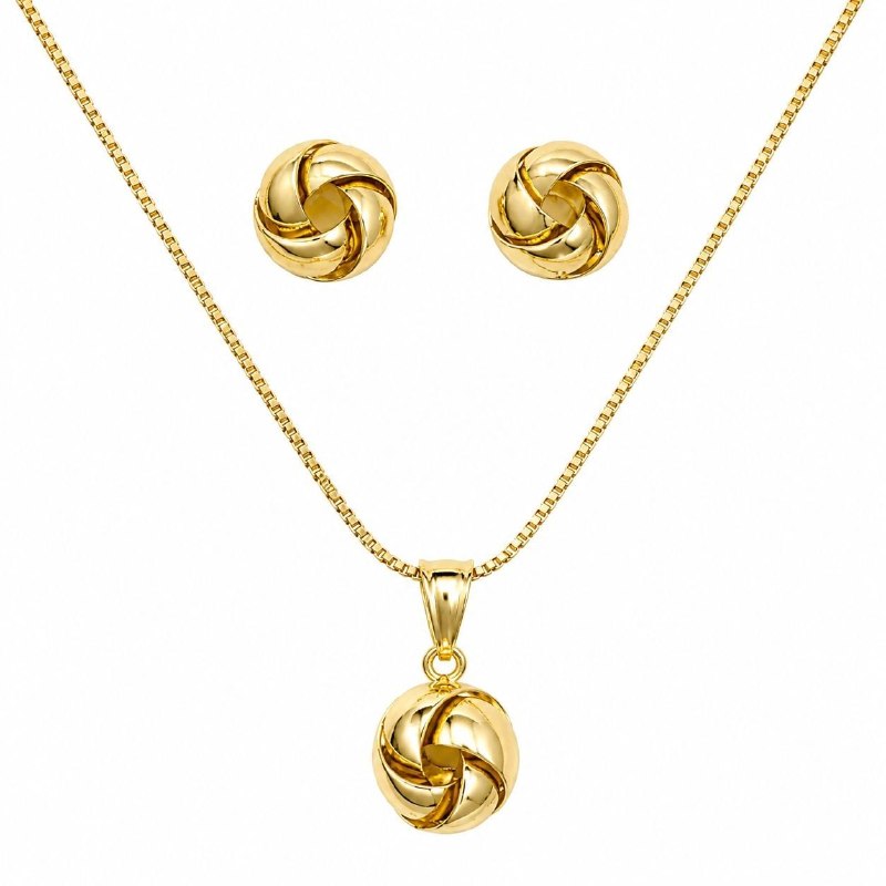 SET DE ENCHAPE PARA DAMA CADENA, DIJE Y TOPOS NUDO DE AMOR / REMOLINO DORADO PULIDO