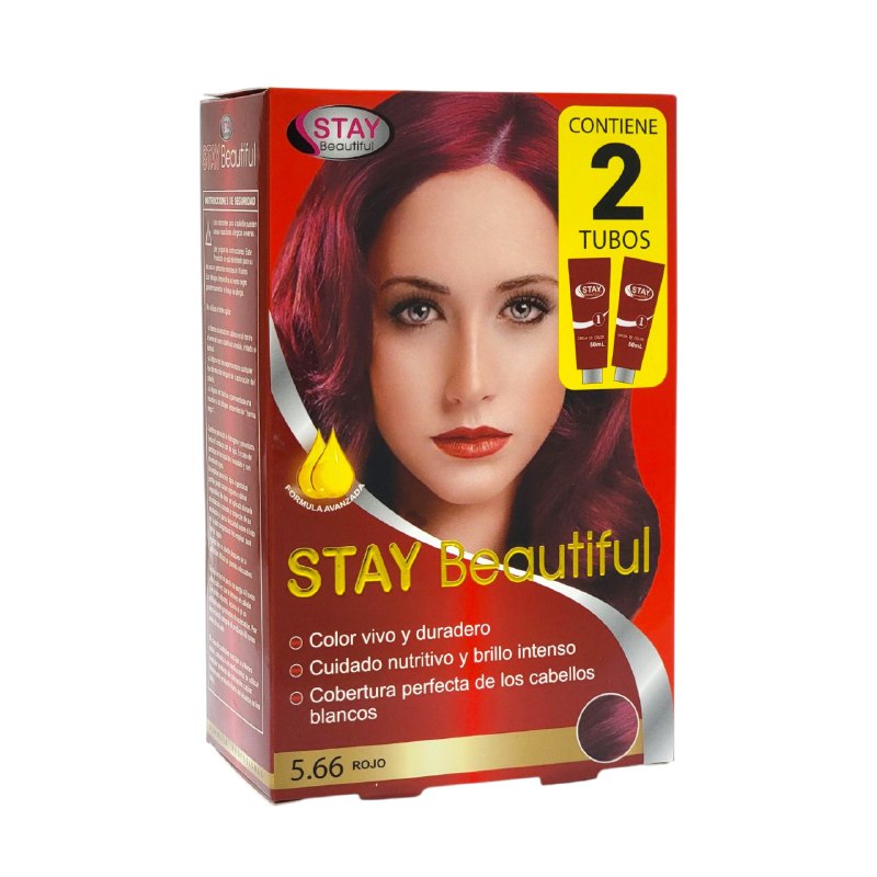 TINTE PARA EL CABELLO COLOR ROJO 5.66, VIVO Y DURADERO STAY BEUTIFUL 50MLX2