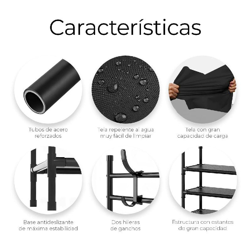 ORGANIZADOR ZAPATERA PLASTICA DE 5 NIVELES, PERCHERO MULTIFUNCIONAL 2 EN 1, CAPACIDAD 15 PARES, 8 GANCHOS COLOR NEGRO NEW SIMPLE FLOOR 80X29.5X171CM