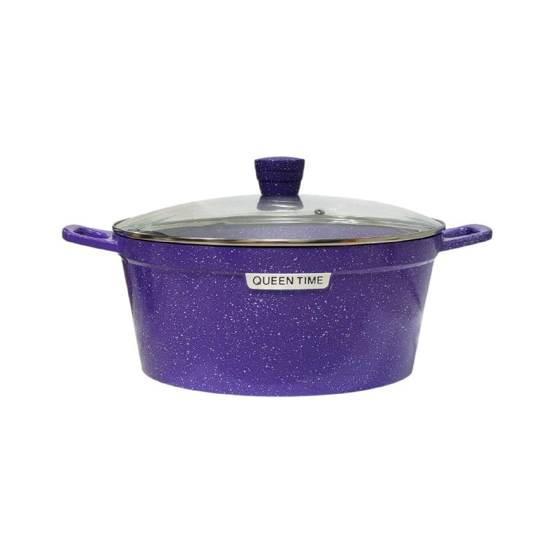JUEGO DE COCINA, OLLAS DE COCINA DE 5 PIEZAS, CON ACABADO MORADO CON EFECTO GRANITO ELEGANTE Y TAPAS DE VIDRIO TEMPLADO QUEEN TIME