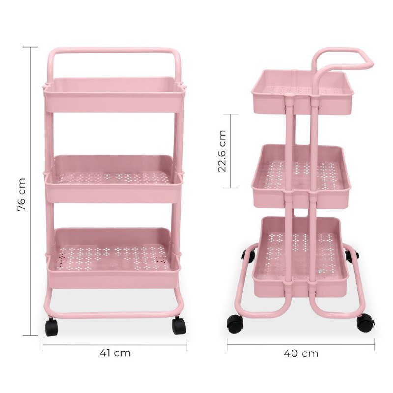 ESTANTE CARRITO DE ALMACENAMIENTO RODANTE DE 3 NIVELES PLASTICO COLOR ROSADO