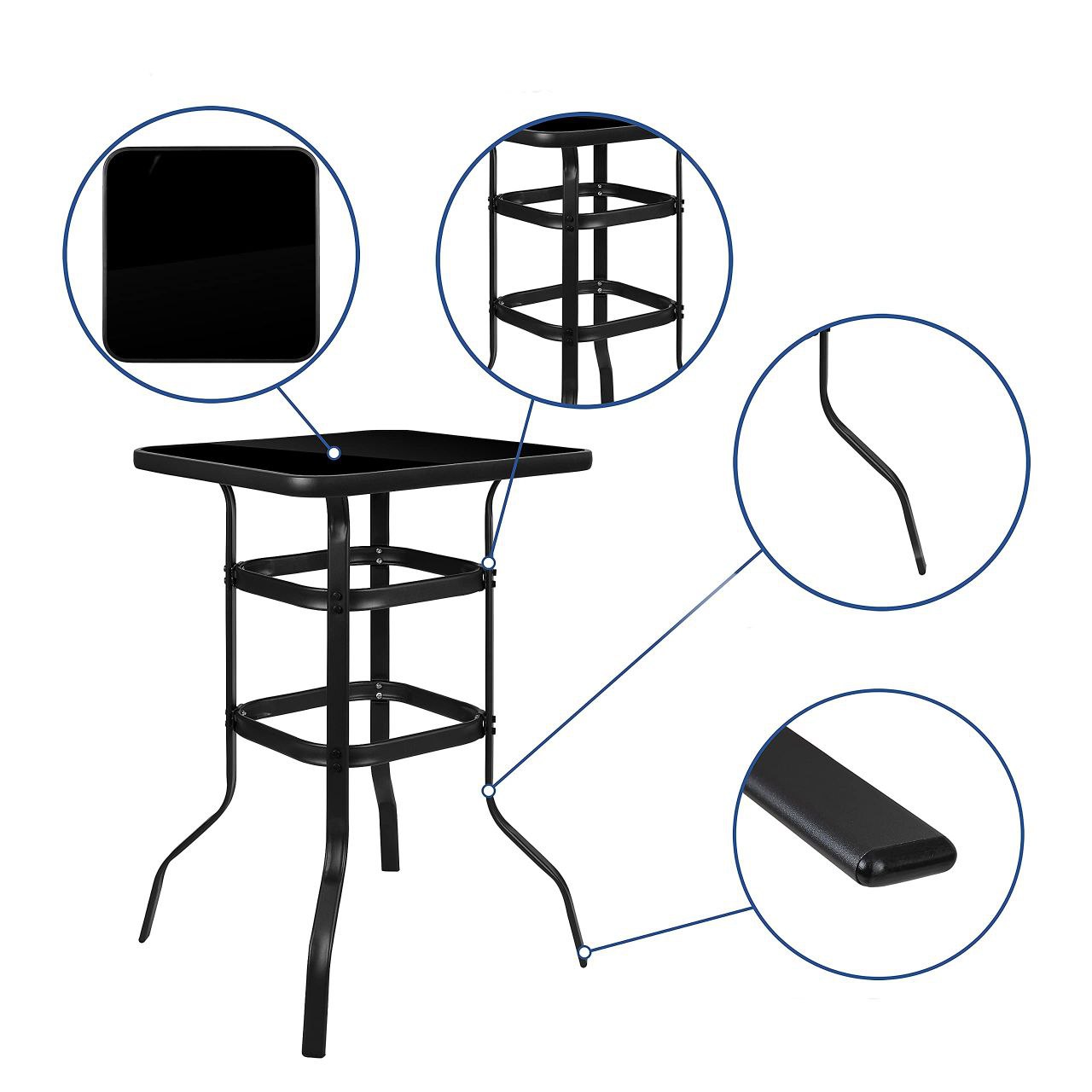 MESA COMEDOR DE BISTRO PARA PATIO AL AIRE LIBRE, CON 2 SILLAS DE METAL INCLUIDAS, MESA ALTA CON BATTA DE VIDRIO TEMPLADO HOMESTAR 104X80X49CM