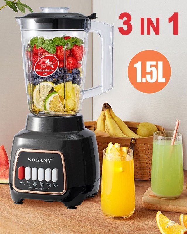 MAQUINA LICUADORA MULTIUSOS DE 4 VELOCIDADES, 600W FUERZA, CAPACIDAD 1500ML, ALTA JUGOSIDAD SK-03008 SOKANY