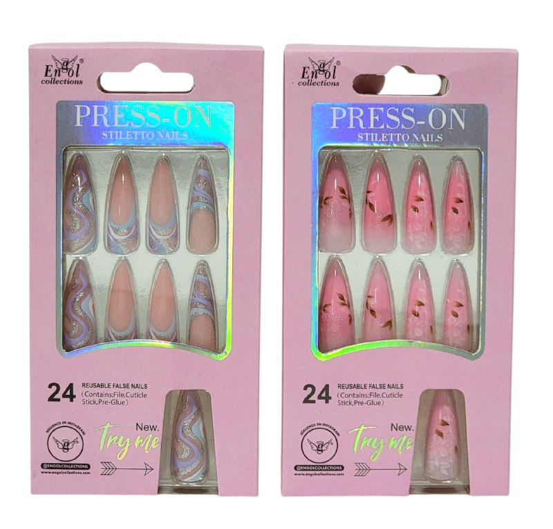 SET DE 24 UÑAS POSTIZAS REUTILIZABLES, LIMA, PALILLO PARA CUTICULA Y PEGAMENTO ENGOL COLLECTIONS