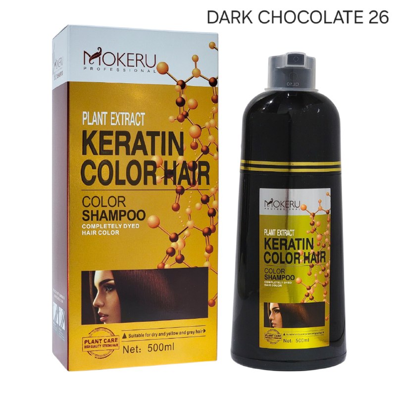 SHAMPOO TINTE PARA EL CABELLO CON QUERATINA CUBRE CANAS TONO CHOCOLATE OSCURO 26 MOKERU 500ML