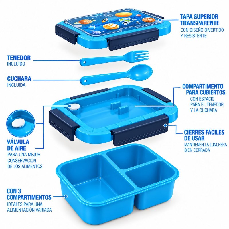 RECIPIENTE PANA PARA ALIMENTOS HERMETICA DE 3 COMPARTIMIENTOS CON CUBIERTOS PARA NIÑOS(AS) FRESH GUARD 1400ML