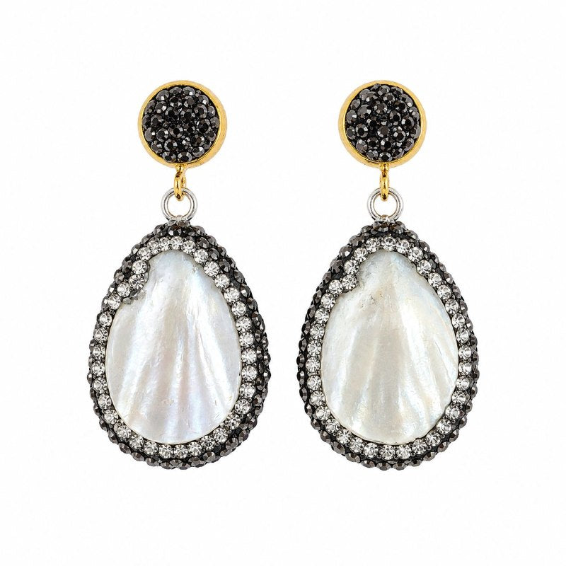 ARETES DE ENCHAPE EN RODIO NEGRO Y DORADO PARA DAMA GOTA NÁCAR CON PAVÉ DE CIRCONES
