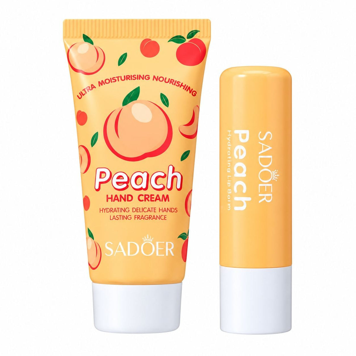 SET DE CUIDADO CORPORAL CREMA DE MANOS Y BALSAMO LABIAL CON FRAGANCIA A MELOCOTON 2PCS SADOER