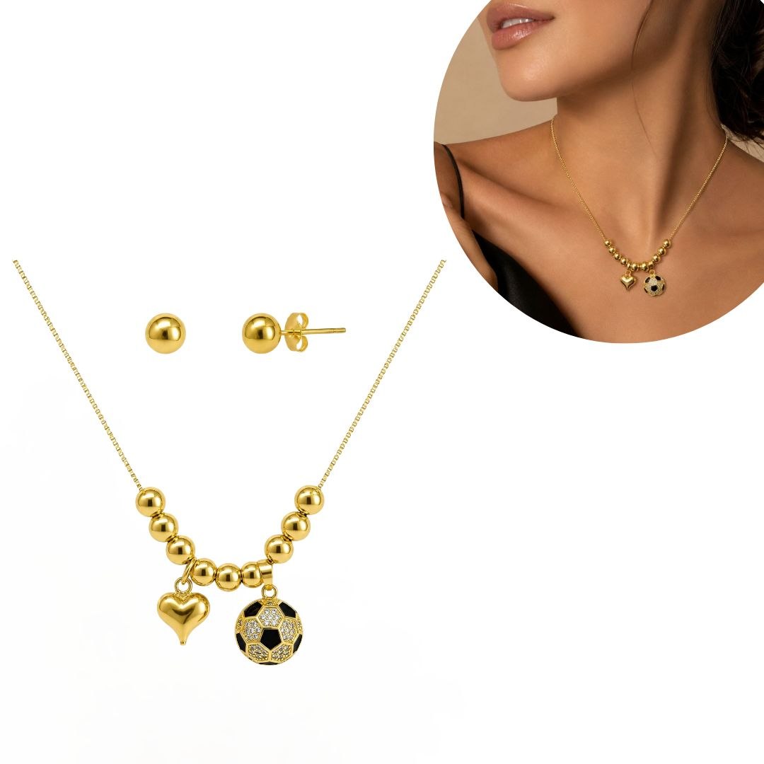 SET DE ENCHAPE PARA DAMA COLLAR CON BALINES, DIJES CORAZÓN Y BALÓN FÚTBOL CON CIRCONES Y ESMALTE NEGRO CON TOPOS BALÍN