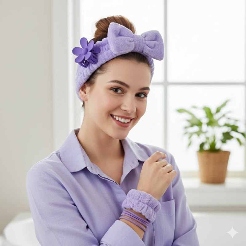 KIT DE CUIDADO FACIAL, GANCHOS, DIADEMA, COLAS Y MUÑEQUERAS, 6 COLORES