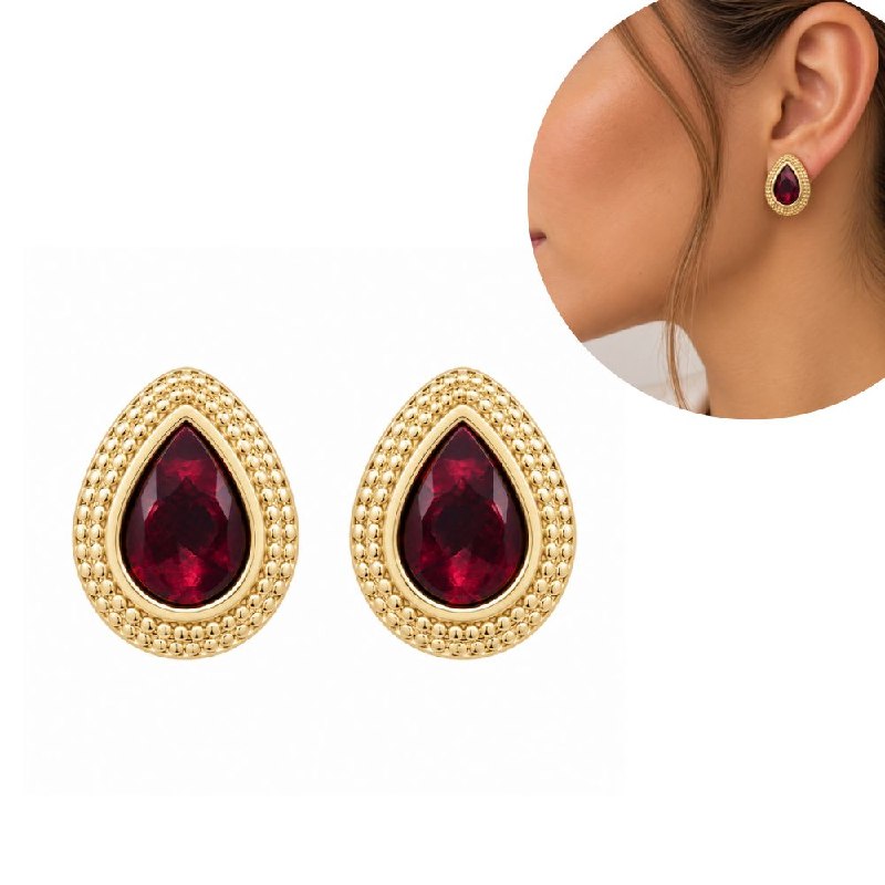 ARITOS DE ENCHAPE PARA DAMA CON DISEÑO DE GOTA ROJA 2CM
