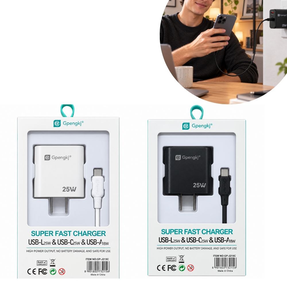 SET DE CARGADOR DE PARED 25W DUAL PORT Y CABLE TIPO C A TIPO C GPENGKJ GP-J215C 2PCS