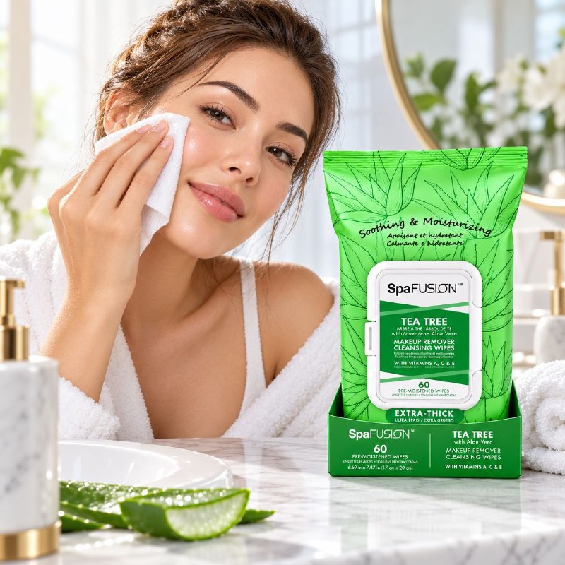 TOALLITAS HUMEDAS FACIALES DESMAQUILLANTES Y LIMPIADORAS DE ARBOL DE TE CON ALOE VERA SPA FUSION 60UND